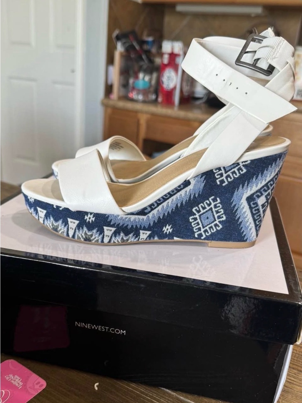 Nine West White Ankle-Strap Wedges with Navy Aztec-Print Heel